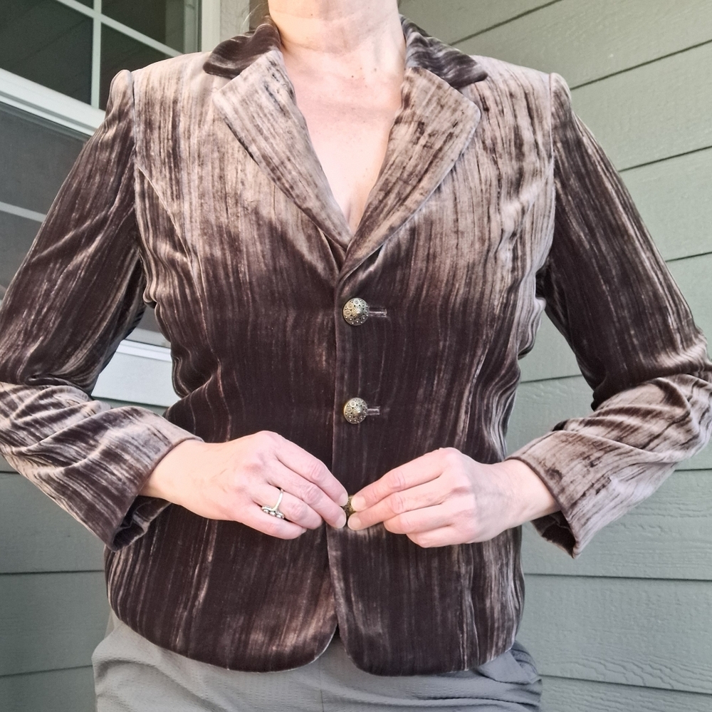 Vintage 90's Tesori Crushed Velvet Silk Blazer Dark Academia Brown Plus Size 16